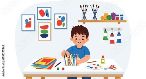 Independent little boy organizing art supplies, modern flat vector promoting good habits and creative discipline