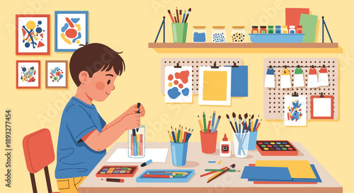 Independent little boy organizing art supplies, modern flat vector promoting good habits and creative discipline
