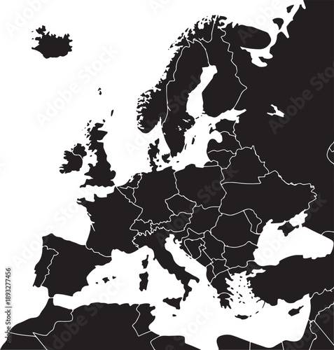 Black silhouette map of europe, continent outline on transparent background, geographical illustration, international borders for atlas