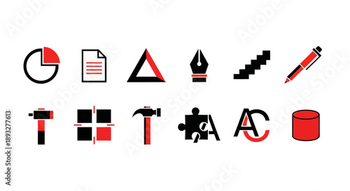 A clean selection of red and black conceptual icons for business, construction, creative design, and strategic project management applications.