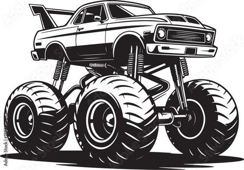 Monster truck with large tires and heavy suspension black and white detailed illustration.