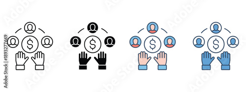 Crowdfunding icon set collection in multiple styles, including flat, outline, and filled icons, perfect for fundraising platforms