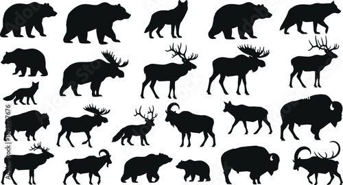 Wild animal silhouettes collection, bear deer wolf bison moose figures, wildlife nature set, black vector illustration isolated on white background