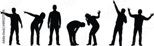 People silhouettes collection, expressive human body language gestures, pointing celebrating confused actions, black vector illustration isolated on white background