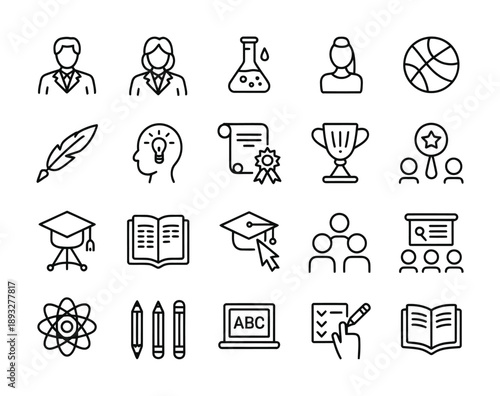 Collection of education-themed vector icons representing various academic subjects and activities