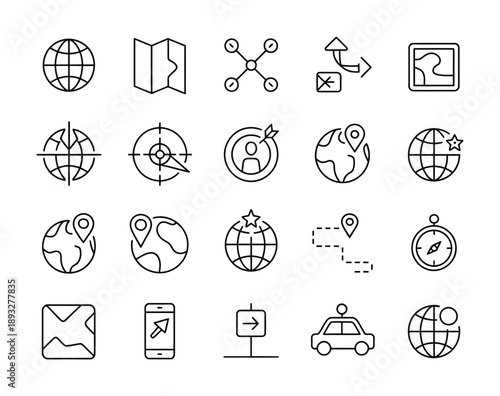 Vector icon set featuring navigation and location symbols for global use