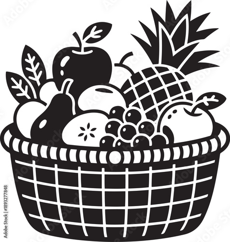 Hand drawn fruit basket filled with apples pears pineapple and grapes silhouette