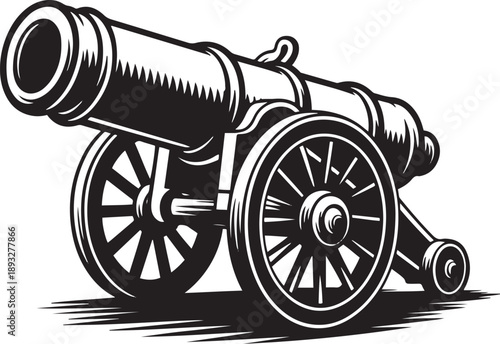 Vintage artillery cannon with wooden wheels and metal barrel for historical warfare display