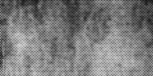 Hexagon halftone gradient texture. Abstract black grunge background. Geometric retro halftone tech wallpaper. Fading wavy hexagonal pattern backdrop. Vector vanishing honeycomb grunge bitmap overlay