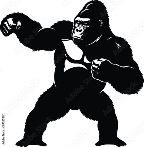 Dynamic illustration of a mighty gorilla in an assertive, powerful stance, embodying primal strength and untamed determination