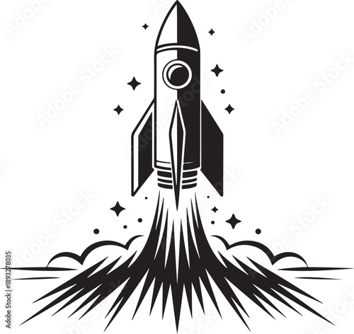 Rocket launch with smoke and stars, space exploration vehicle taking off, cosmic adventure, startup concept