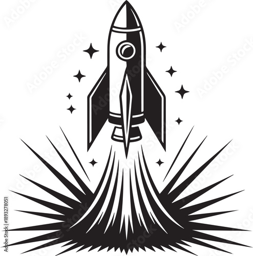 Retro rocket blasting off into space with stars and fiery exhaust trail