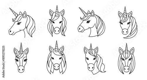 Collection of various unicorn heads illustrated in a simple black and white line art style from multiple angles