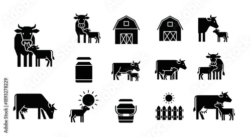 Farm scene with cows and calves in a rural landscape with barns and agricultural elements