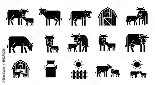Collection of farm animals and rural elements in simple black illustrations on a plain background from a straightforward viewpoint