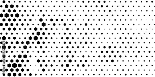 Hexagon halftone gradient texture. Abstract black grunge background. Geometric retro halftone tech wallpaper. Fading wavy hexagonal pattern backdrop. Vector vanishing honeycomb grunge bitmap overlay
