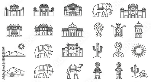 Collection of simple architectural and wildlife illustrations featuring landmarks, animals, and desert elements from various viewpoints