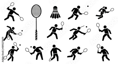 Collection of Badminton Players in Action Poses with Rackets and Shuttlecock on White Background from Various Viewpoints