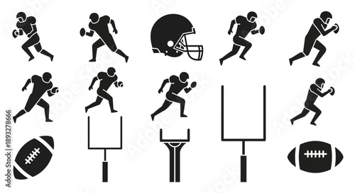 American Football Players in Action Silhouettes on a White Background from Various Viewpoints