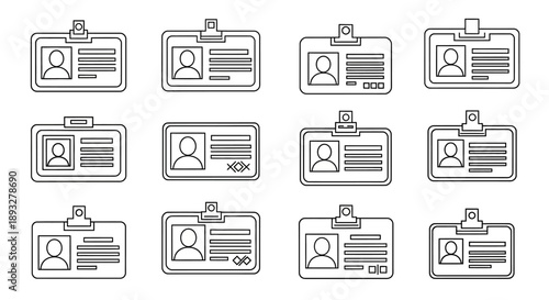 Collection of identity cards and badges displayed in a grid pattern for identification purposes