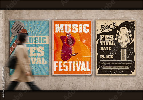 Colorful Grunge Music Festival Street Glued Posters Mockup