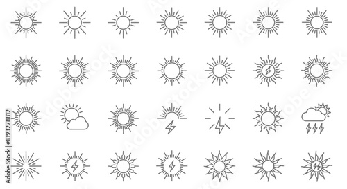 Collection of weather icons depicting various sun and cloud conditions in a simple line art style