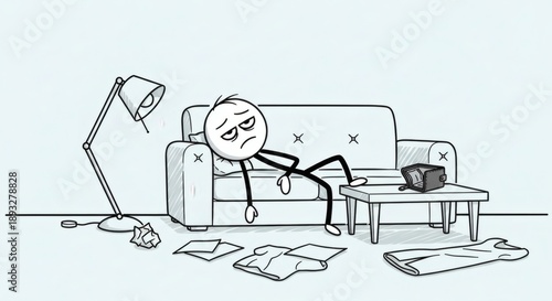 Stick figure cartoon character feeling tired and unmotivated, lounging on a messy couch in a disorganized room, depicting a scene of procrastination and laziness