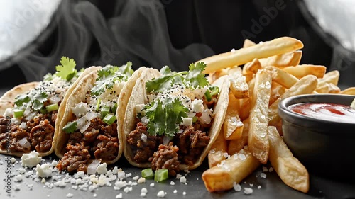 Three Delicious Ground Beef Tacos With Toppings And Golden French Fries Served With Ketchup On A Slate Plate With Steam