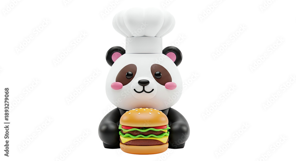 Naklejka premium Cute Chef Panda Holding a Hamburger