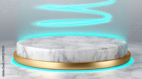 3D render of a marble product display podium with a golden base and blue neon illumination on a light studio background