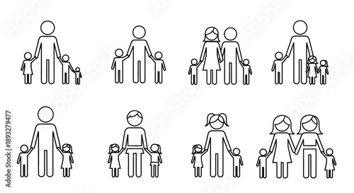 Simple Line Art Icons Representing Diverse Family Units.