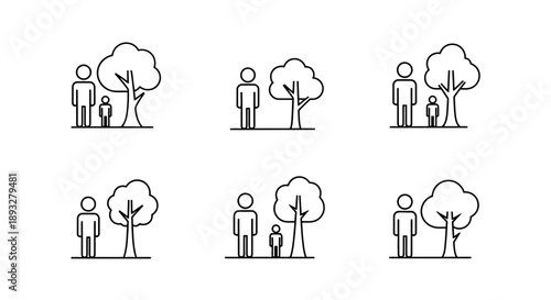 Simple Line Art Icons of People and Trees.