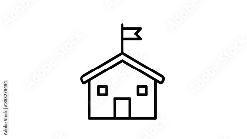 Simple Line Art Icon of a School Building with a Flag.