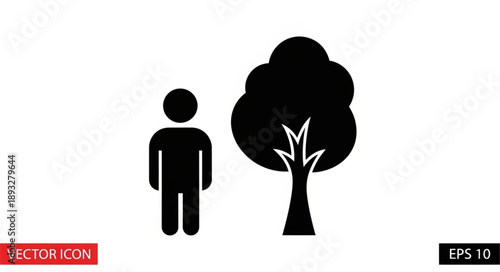 Simple Silhouette Icon of a Man Standing Next to a Tree.
