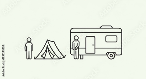Simple Line Art Illustration of Camping Scene with Tent and Caravan.