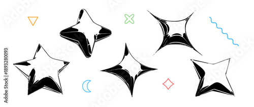 Black y2k stars abstract shapes in 3d inflated style. Grunge balloon icon set for poster, banner, flyer, streetwear print. Techno star design elements collection. Retro trendy illustration. Vector