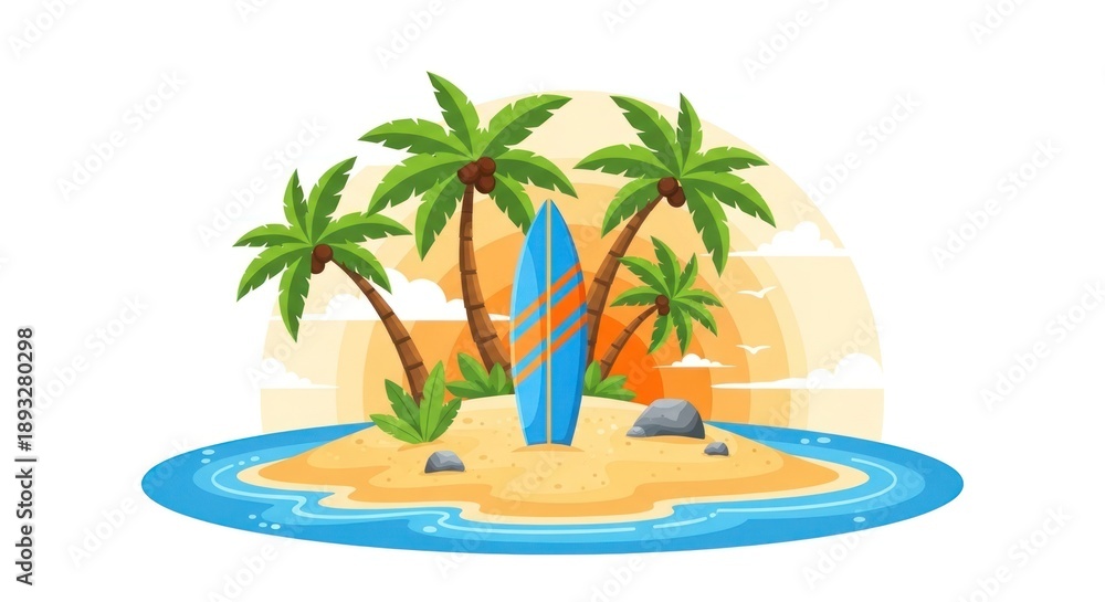 Fototapeta premium Tropical island with palm trees and surfboard at sunset