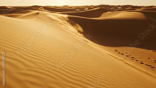 Golden Sand Dunes Under Warm Sunlight With Ripples And A Distant Cityscape