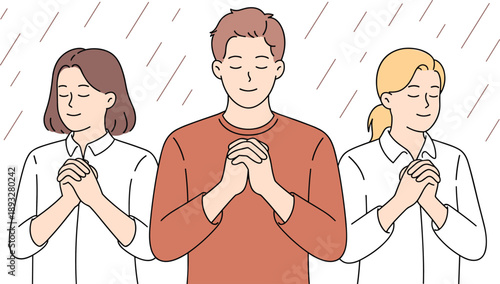Group of People Praying Together with Eyes Closed and Hands Folded in Rain, Concept of Faith, Spiritual Hope, Religious Worship, and Collective Peace Vector Illustration