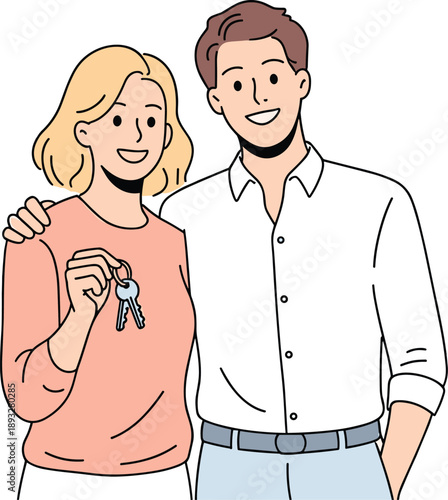 Smiling Young Couple Holding Keys in Front of New House, Concept of Real Estate Investment, First Home Ownership Achievement, Family Housing  Illustration