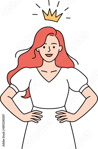 Confident Young Woman with Golden Crown on Her Head, Concept of Self-Love, Personal Empowerment, Inner Queen, Success Achievement, and High Self-Esteem Vector Illustration