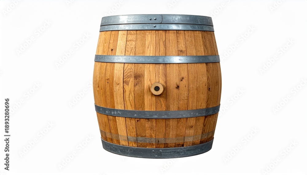 Fototapeta premium Wooden Barrel with Metal Hoops - A Detailed Studio Shot on White Background.