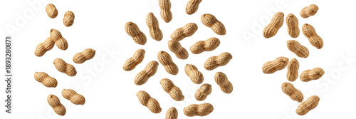 Shelled peanuts falling from the sky, light brown texture, mid-air scattered motion, realistic look, isolated on a white background