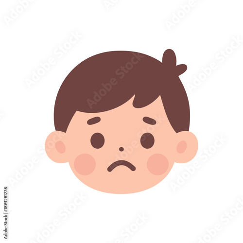A cartoon child with a sad facial expression and brown hair.