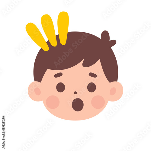 Surprised cartoon child with yellow crown on head.