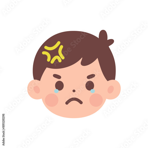 Sad cartoon child with bruise on forehead and tears in eyes.