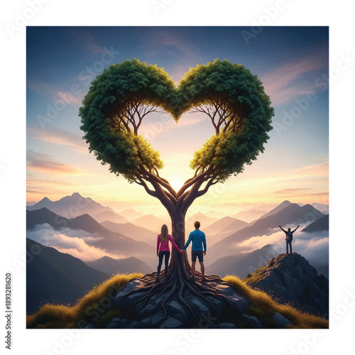 Romantic couple holding hands by a heart shaped tree overlooking majestic mountain sunset landscape scenery