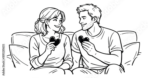 Hand drawn line art illustration of a couple depicting sharing heart-shaped treats for romance concepts
