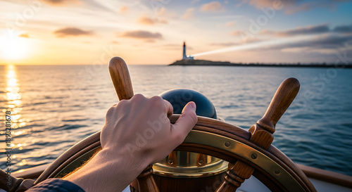 Close-up of Captain's Hand on Wooden Ship Steering Wheel Navigating Toward a Lighthouse at Sunset