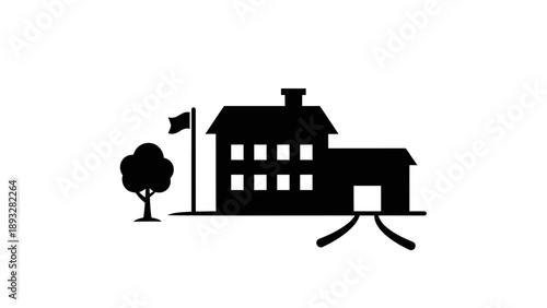 Simple black silhouette of a school building with a flag and tree.